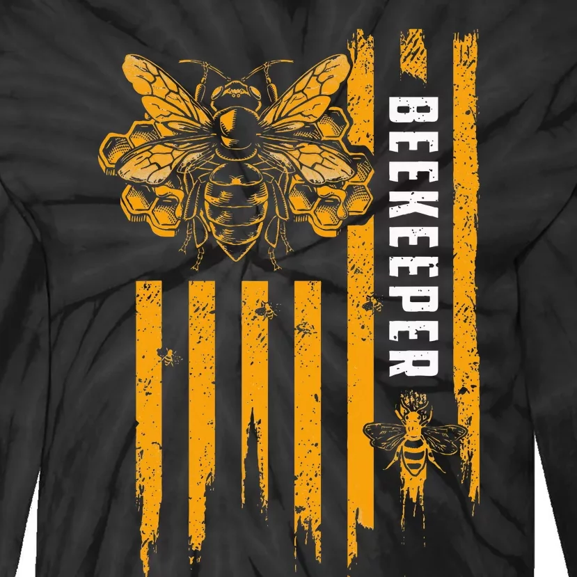 Beekeeping American Flag Honeycomb Honey Bees Beekeeper Tie-Dye Long Sleeve Shirt