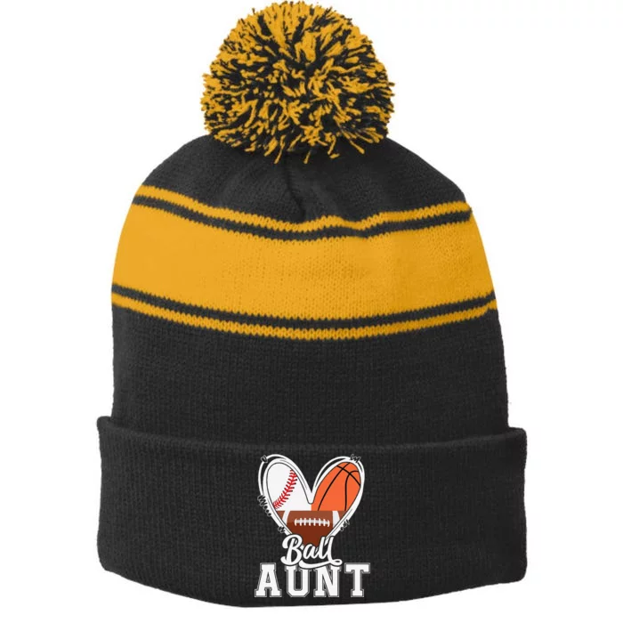 Ball Aunt Funny Baseball Football Basketball Aunt Stripe Pom Pom Beanie