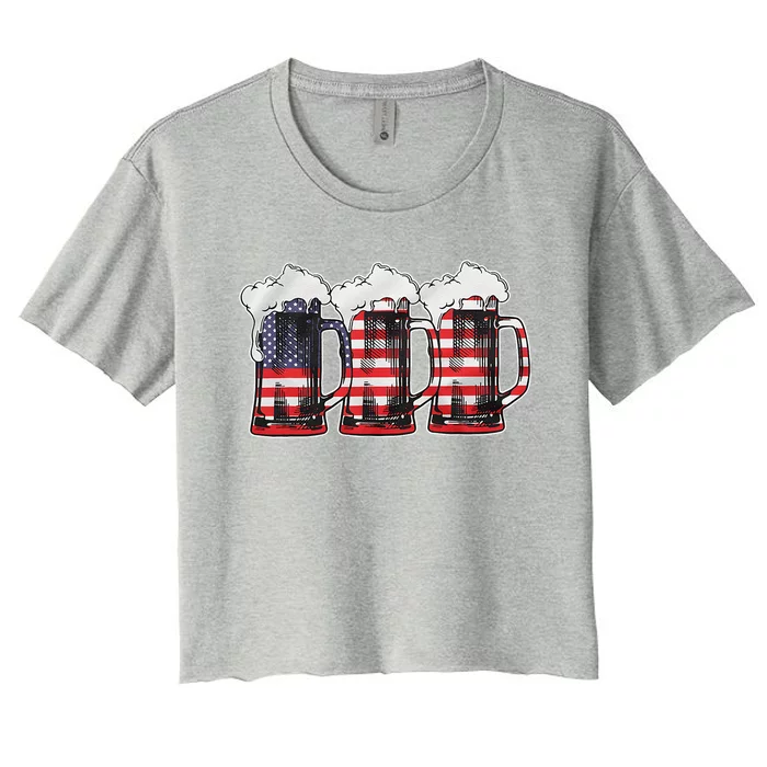 Beer American Flag 4th Of July Merica Drinking Usa Women's Crop Top Tee