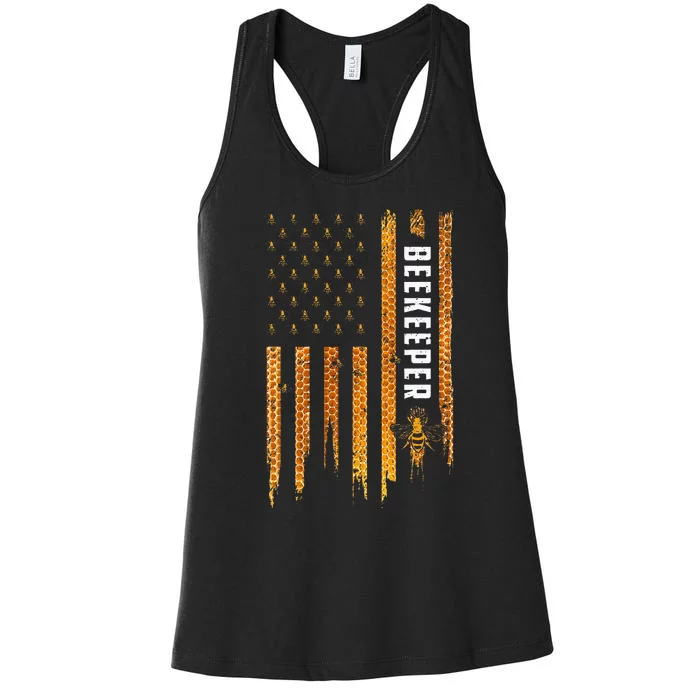 Beekeeping American Flag Honeycomb Honey Bees Women's Racerback Tank