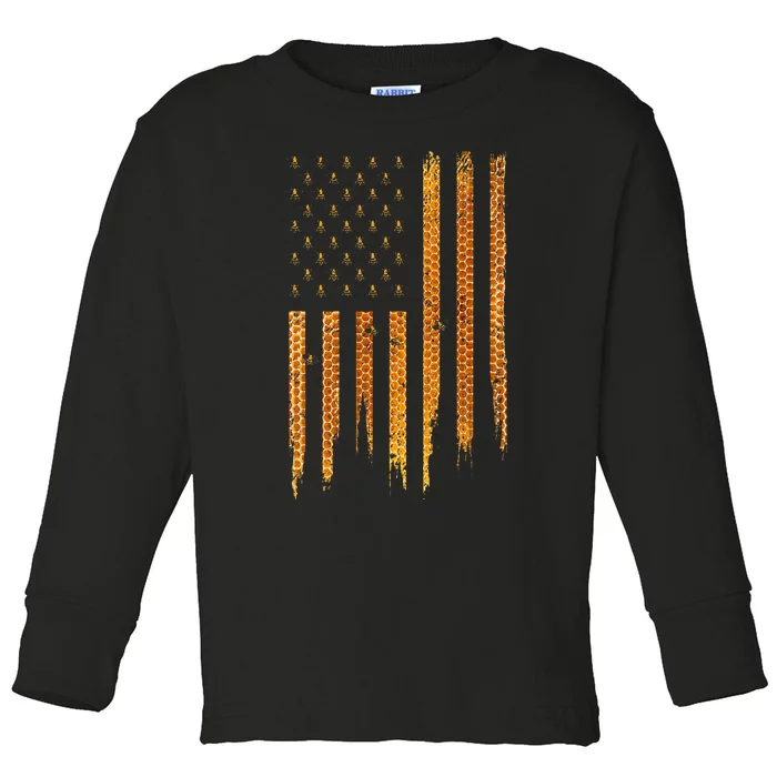 Beekeeping American Flag Honeycomb Honey Bees Beekeeper Toddler Long Sleeve Shirt