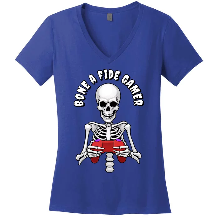 Bone A Fide Gamer Halloween Skeleton Gaming Gift Women's V-Neck T-Shirt