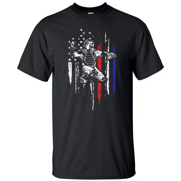 Baseball American Flag Patriotic Catcher 4th Of July Gift Tall T-Shirt