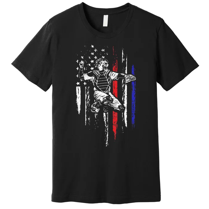 Baseball American Flag Patriotic Catcher 4th Of July Gift Premium T-Shirt