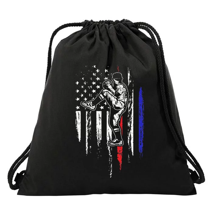 Baseball American Flag Pitcher USA Pitching 4th Of July Gift Drawstring Bag