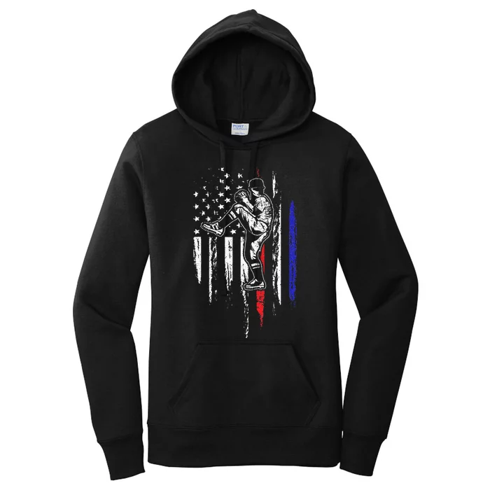 Baseball American Flag Pitcher USA Pitching 4th Of July Gift Women's Pullover Hoodie