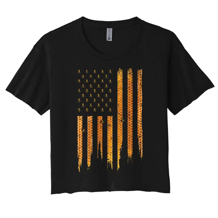 Beekeeping American Flag Honeycomb Honey Bees Beekeeper Women's Crop Top Tee