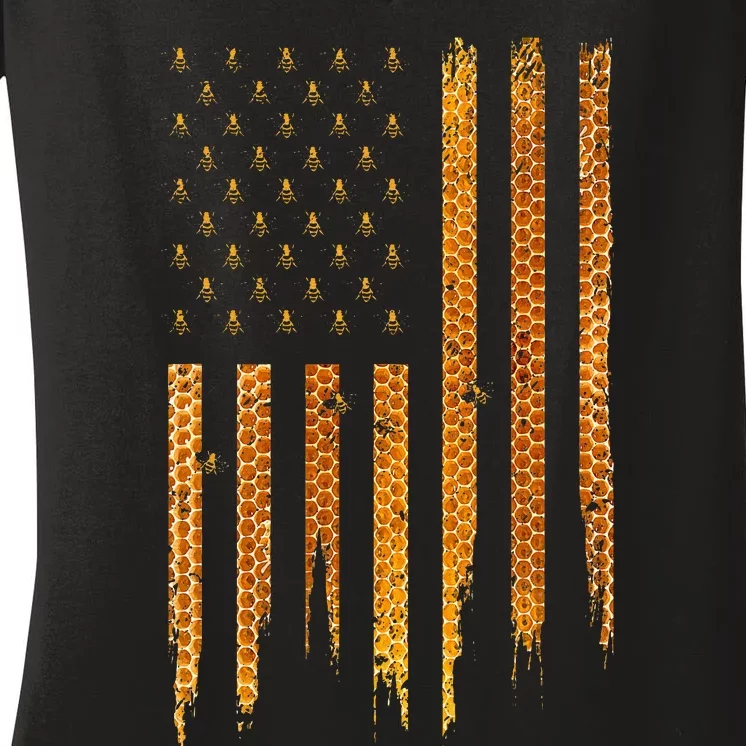 Beekeeping American Flag Honeycomb Honey Bees Beekeeper Women's V-Neck T-Shirt