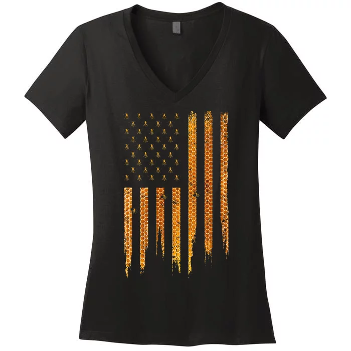 Beekeeping American Flag Honeycomb Honey Bees Beekeeper Women's V-Neck T-Shirt