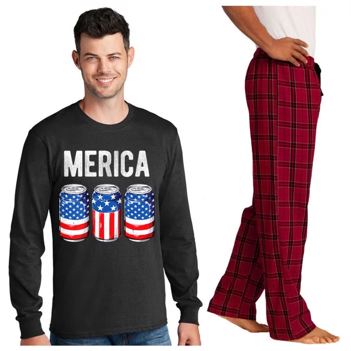 Beer American Flag 4th Of July Merica Usa Drinking Long Sleeve Pajama Set