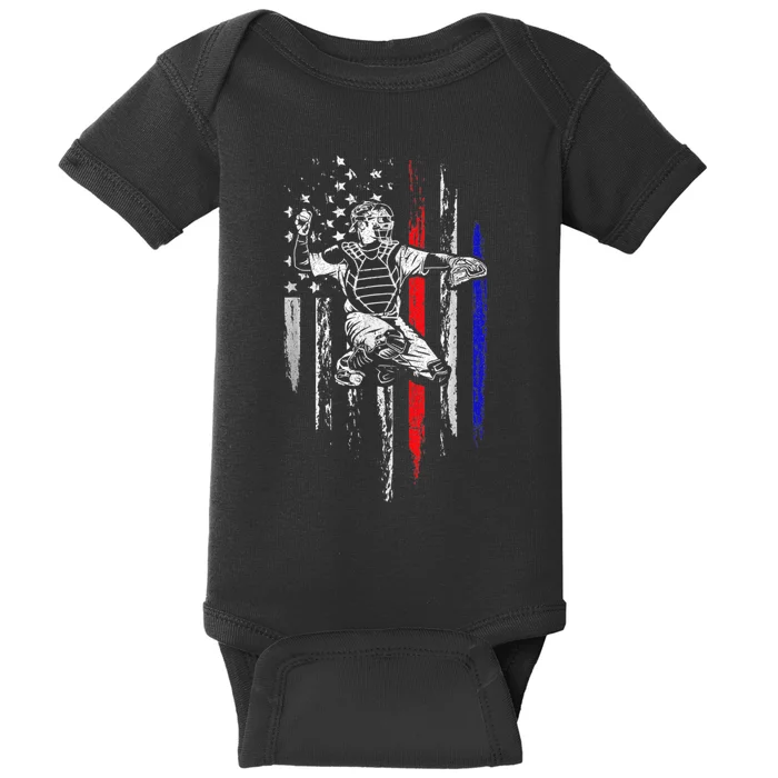 Baseball American Flag Patriotic Catcher 4th Of July Gifts Baby Bodysuit