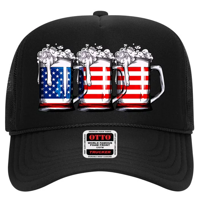 Beer American Flag 4th Of July Merica Drinking Usa High Crown Mesh Trucker Hat