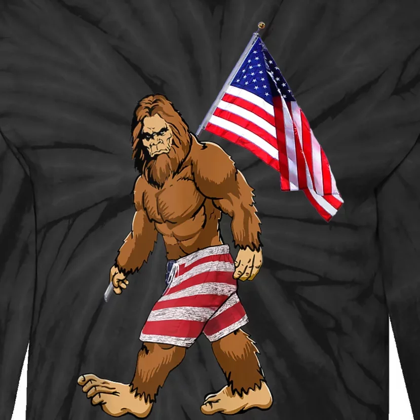 Bigfoot American Flag Gifts 4th July Sasquatch Believe Kids Tie-Dye Long Sleeve Shirt