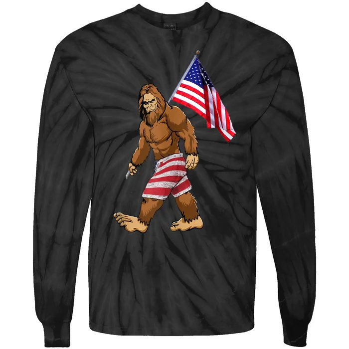 Bigfoot American Flag Gifts 4th July Sasquatch Believe Kids Tie-Dye Long Sleeve Shirt