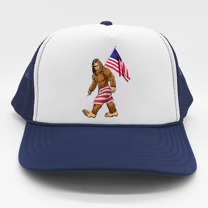 Bigfoot American Flag Gifts 4th July Sasquatch Believe Kids Trucker Hat