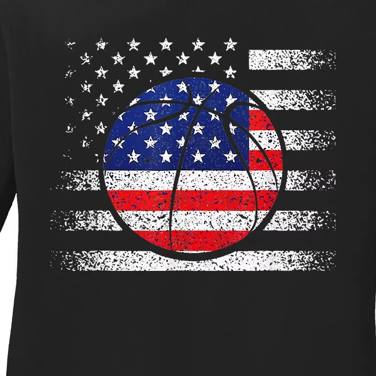 Basketball American Flag 4th Of July USA Sports Team Players Ladies Long Sleeve Shirt