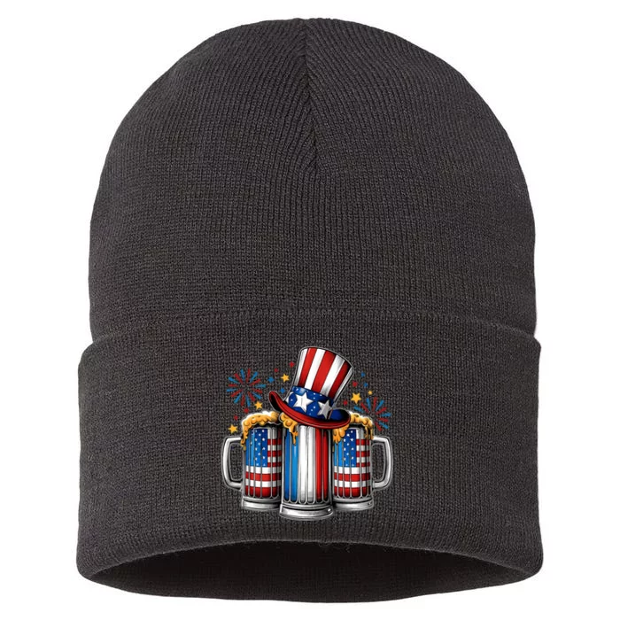 Beer American Flag 4th Of July Merica Drinking Usa Sustainable Knit Beanie