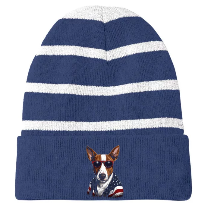 Basenji American Flag USA Tee 4th July Gifts Graphic Tees Striped Beanie with Solid Band