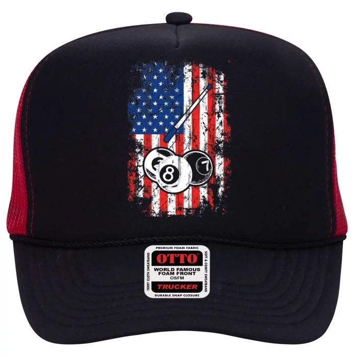 Billiards American Flag Cue Pool Balls Billiard Player High Crown Mesh Trucker Hat