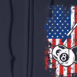 Billiards American Flag Cue Pool Balls Billiard Player Full Zip Hoodie