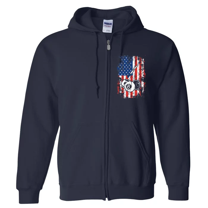 Billiards American Flag Cue Pool Balls Billiard Player Full Zip Hoodie