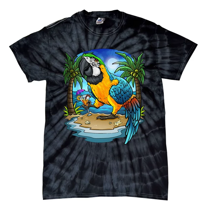 Blue And Gold Macaw Parrot Drinking Margaritas Vacation Bird Tie-Dye T-Shirt