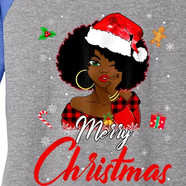 Black African Girl American Melanin Christmas Santa Hat Xmas Women's Tri-Blend 3/4-Sleeve Raglan Shirt