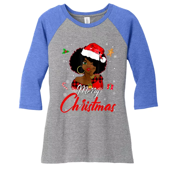 Black African Girl American Melanin Christmas Santa Hat Xmas Women's Tri-Blend 3/4-Sleeve Raglan Shirt