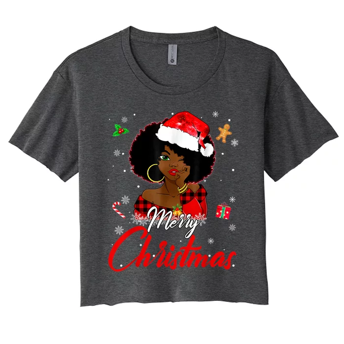 Black African Girl American Melanin Christmas Santa Hat Xmas Women's Crop Top Tee