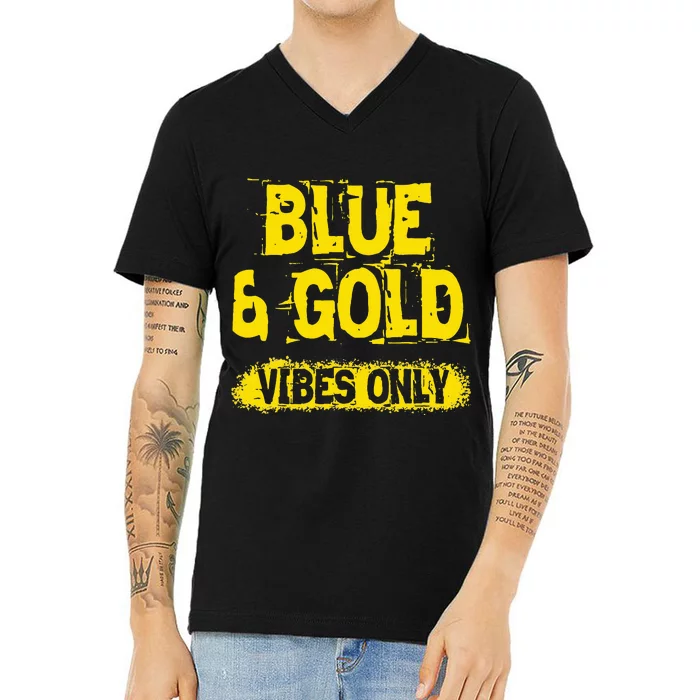 Blue And Gold Vibes Only School Tournament Team Cheerleaders V-Neck T-Shirt