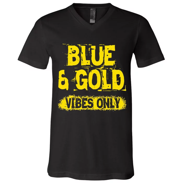 Blue And Gold Vibes Only School Tournament Team Cheerleaders V-Neck T-Shirt