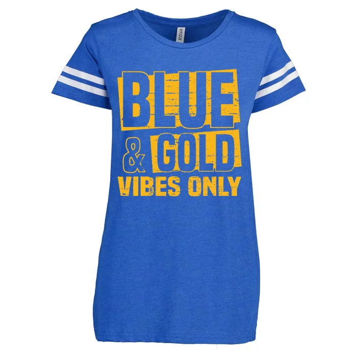 Blue And Gold Vibes Only School Tournat Team Cheerleaders Enza Ladies Jersey Football T-Shirt