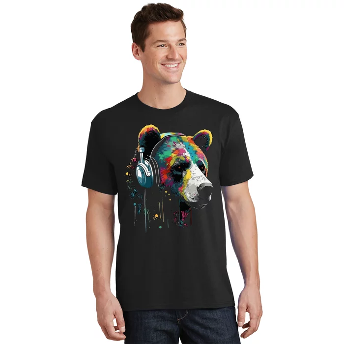 Bear Animal Headphones Colourful Music Zoo Art Bear T-Shirt