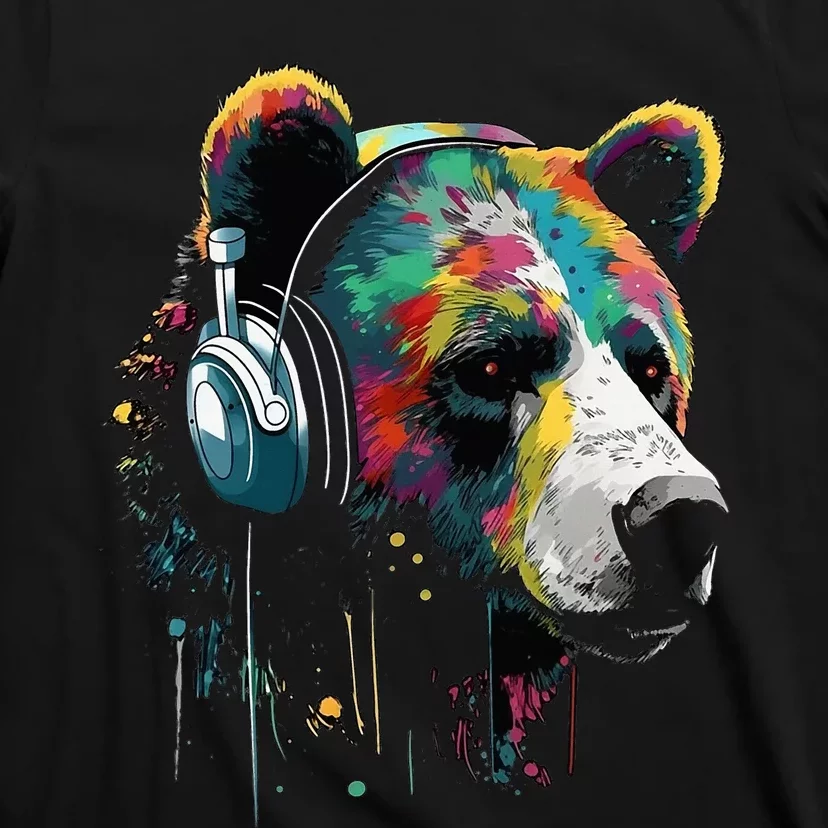 Bear Animal Headphones Colourful Music Zoo Art Bear T-Shirt