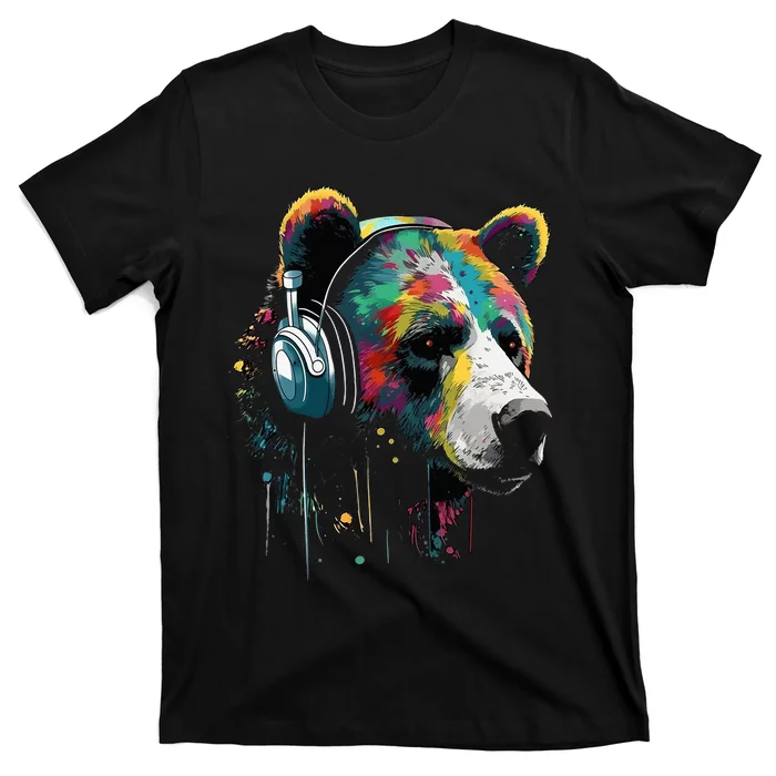 Bear Animal Headphones Colourful Music Zoo Art Bear T-Shirt