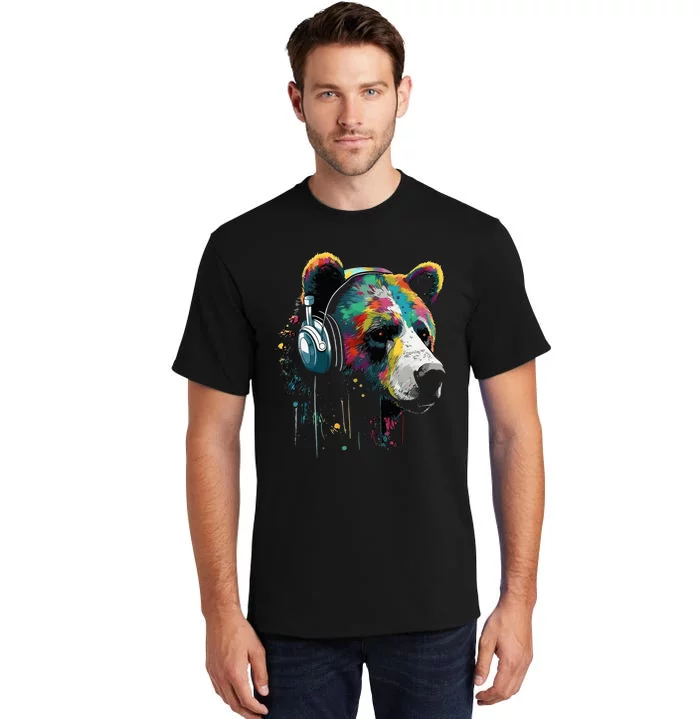 Bear Animal Headphones Colourful Music Zoo Art Bear Tall T-Shirt