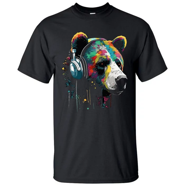 Bear Animal Headphones Colourful Music Zoo Art Bear Tall T-Shirt