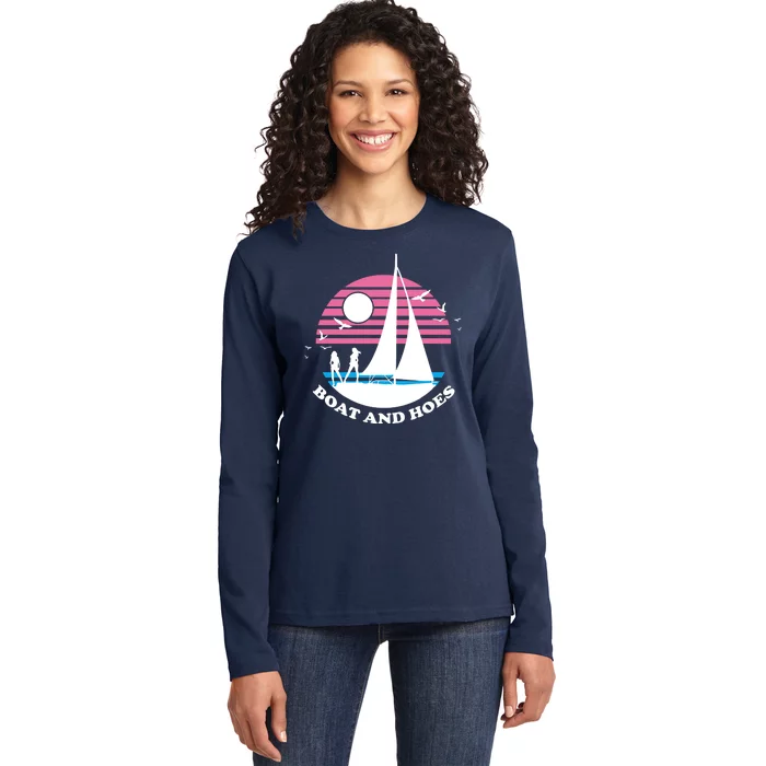 Boats And Hoes Retro Sunset Funny Ladies Long Sleeve Shirt