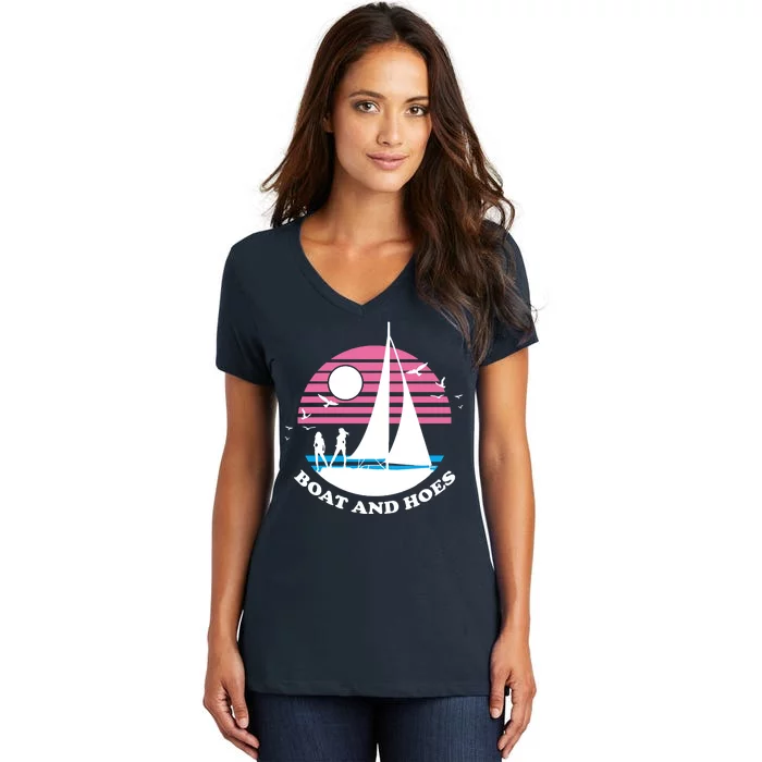 Boats And Hoes Retro Sunset Funny Women's V-Neck T-Shirt