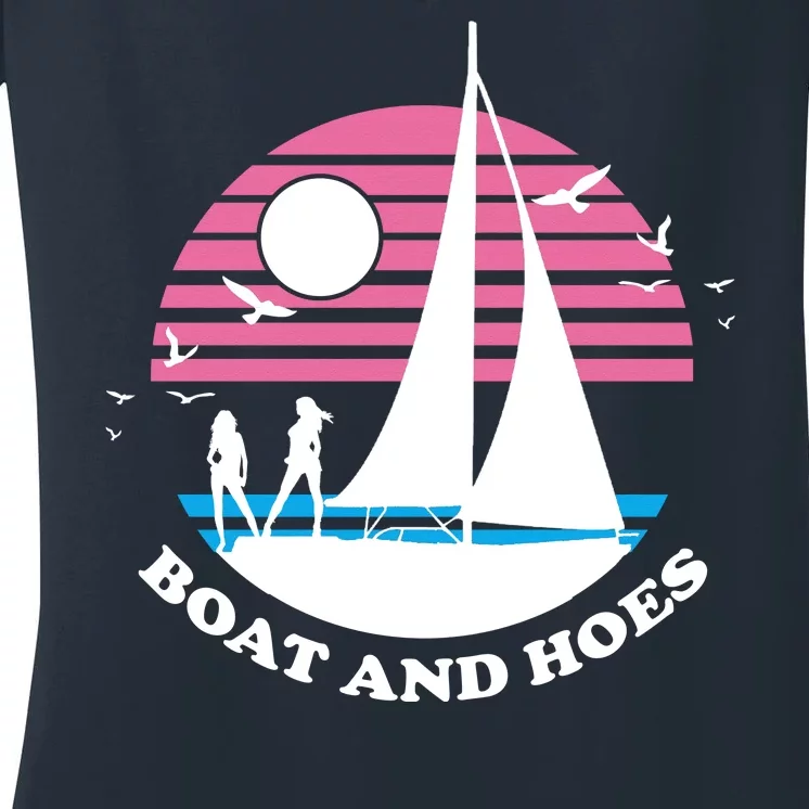 Boats And Hoes Retro Sunset Funny Women's V-Neck T-Shirt