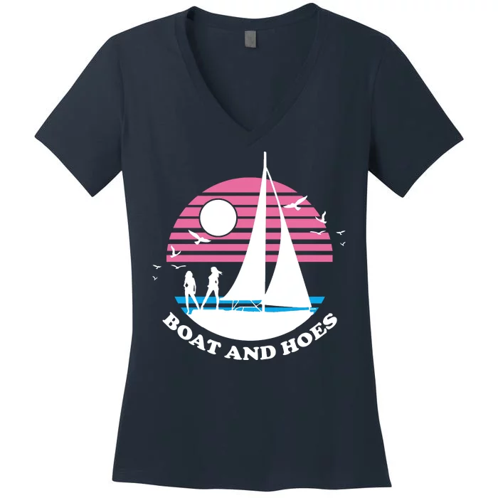 Boats And Hoes Retro Sunset Funny Women's V-Neck T-Shirt