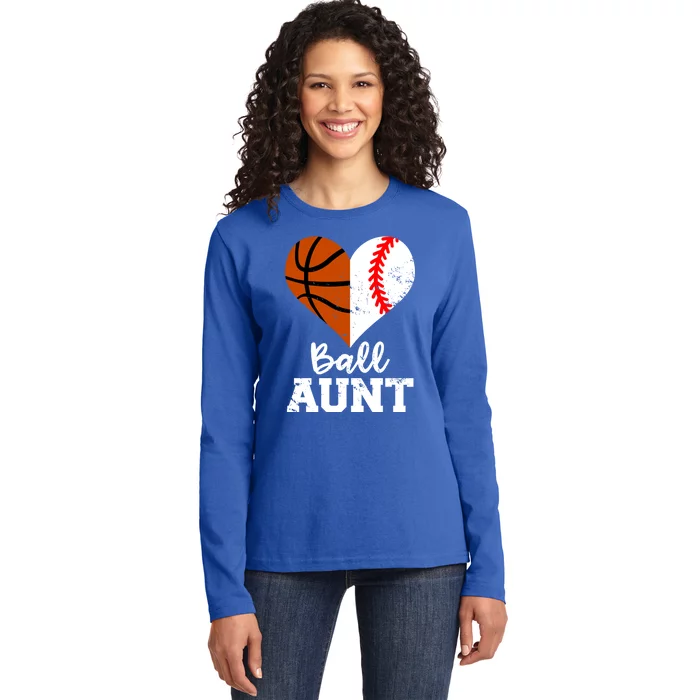 Ball Aunt Heart Funny Baseball Basketball Aunt Gift Ladies Long Sleeve Shirt