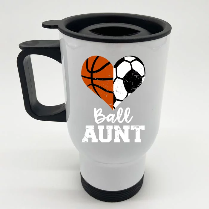 Ball Aunt Heart Funny Soccer Basketball Aunt Gift Front & Back Stainless Steel Travel Mug