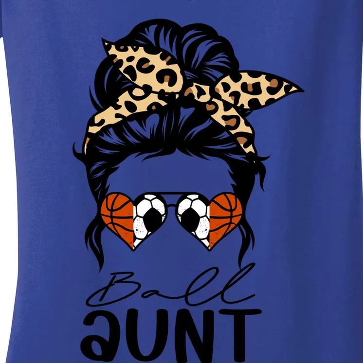 Ball Aunt Heart Messy Bun Soccer Basketball Aunt Great Gift Women's V-Neck T-Shirt