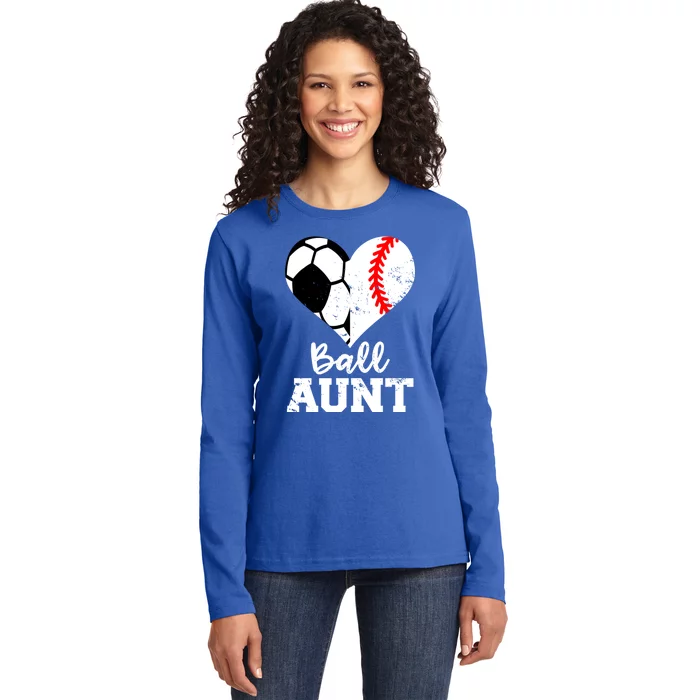 Ball Aunt Heart Funny Soccer Baseball Aunt Gift Ladies Long Sleeve Shirt