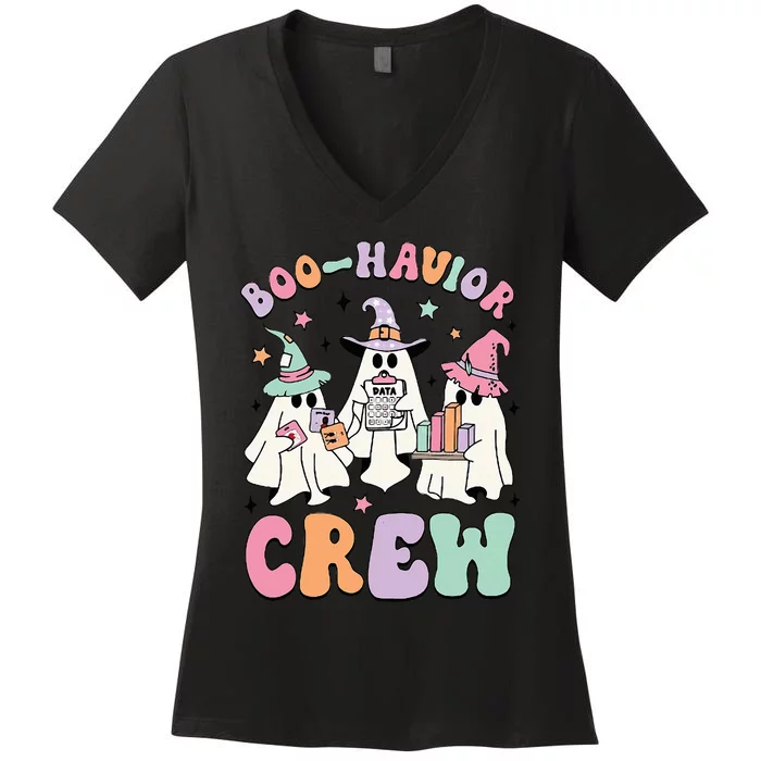 Behavior Analyst Halloween Aba Cute Ghost Boo Havior Crew Women's V-Neck T-Shirt