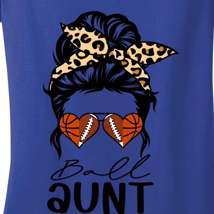 Ball Aunt Heart Messy Bun Football Basketball Aunt Gift Women's V-Neck T-Shirt