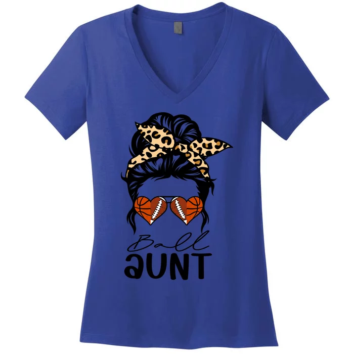 Ball Aunt Heart Messy Bun Football Basketball Aunt Gift Women's V-Neck T-Shirt