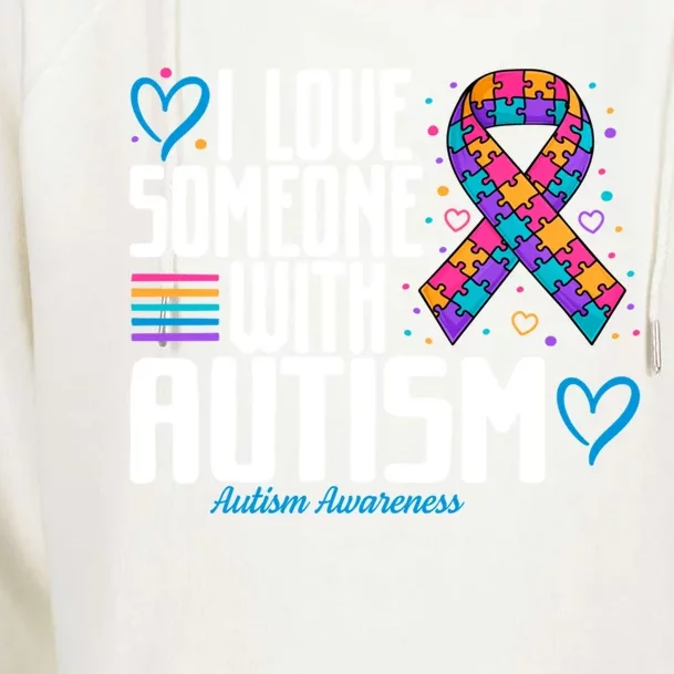 Blue Autism I Love Someone With Autism Awareness Gift Womens Funnel Neck Pullover Hood