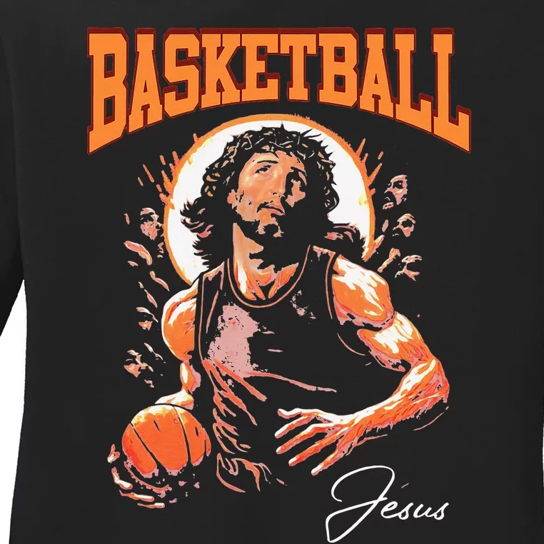 Basketball and Jesus Christian God Love Sport Player Fan Ladies Long Sleeve Shirt